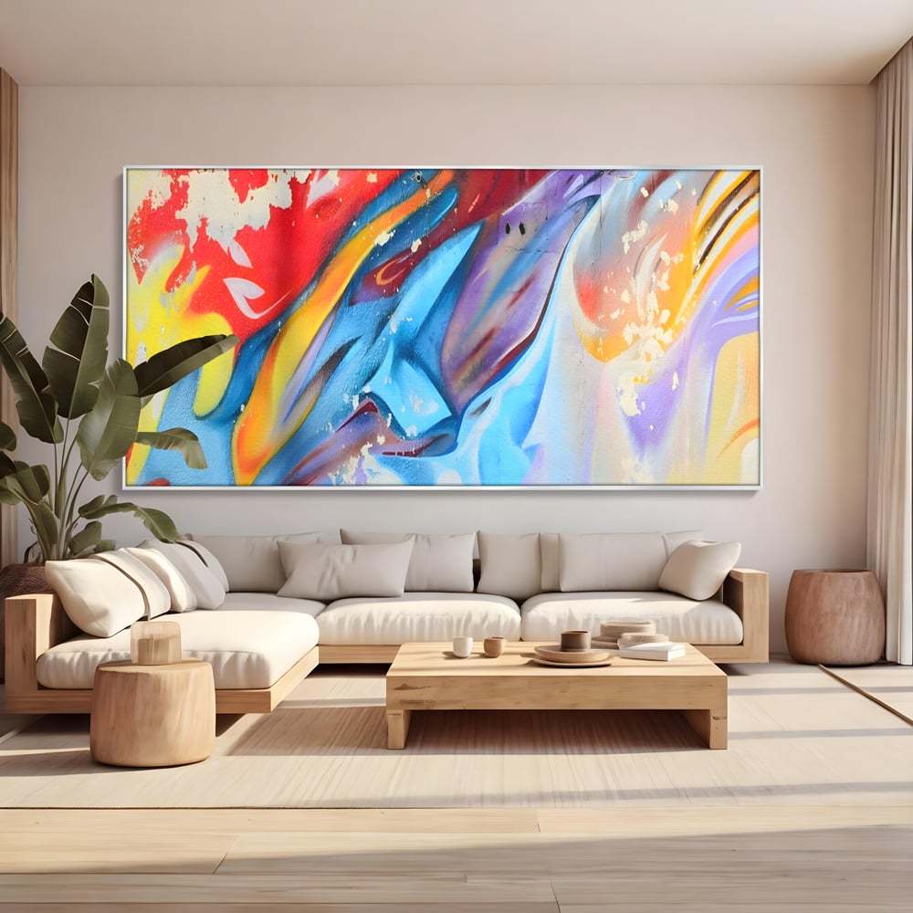 Tablou canvas cu pictura abstracta cu forme dinamice, in rama de aluminiu argintiu, pe perete intr-un living
